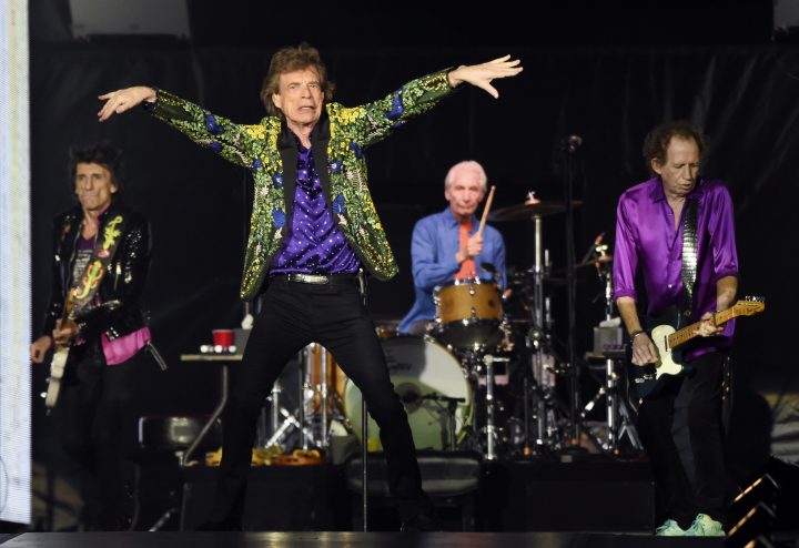 From left, Ron Wood, Mick Jagger, Charlie Watts and Keith Richards of the Rolling Stones perform at the Rose Bowl, Thursday, Aug. 22, 2019.