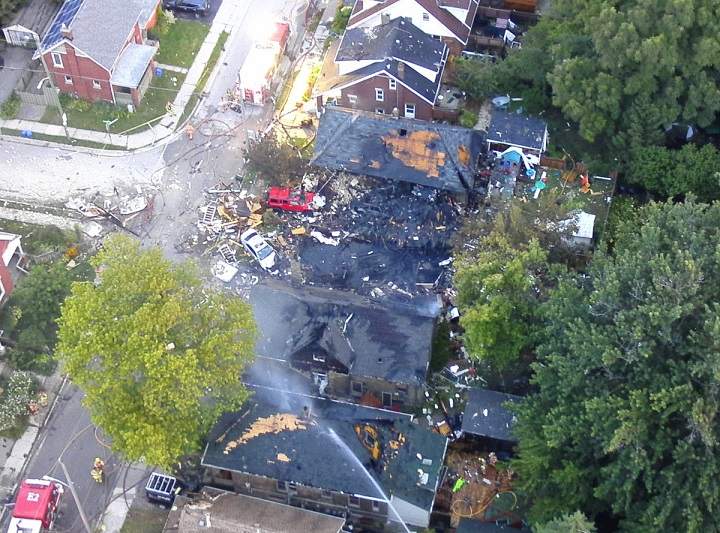An aerial view of the gas explosion aftermath that damaged multiple homes in London, Ont.