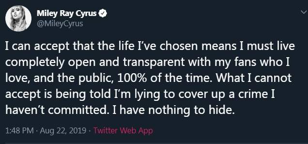 Miley Cyrus denies cheating on Liam Hemsworth in Twitter rant - image