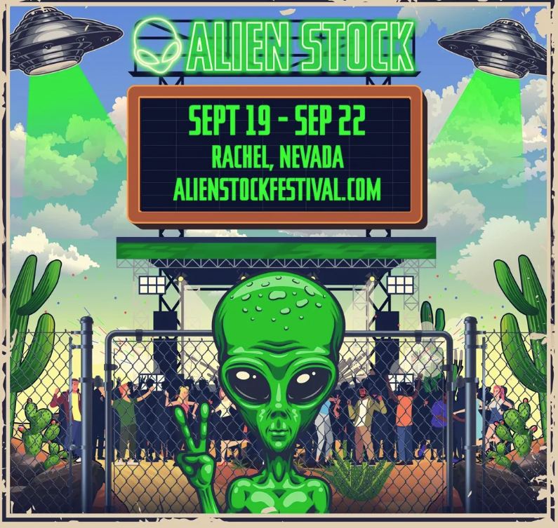 A cartoon alien is shown on the poster for Alienstock, a music festival slated to occur in Rachel, Nev., from Sept. 19-22, 2019.