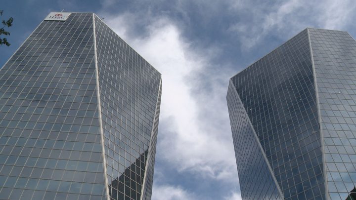 Regina's Hill Tower is seen from below. 