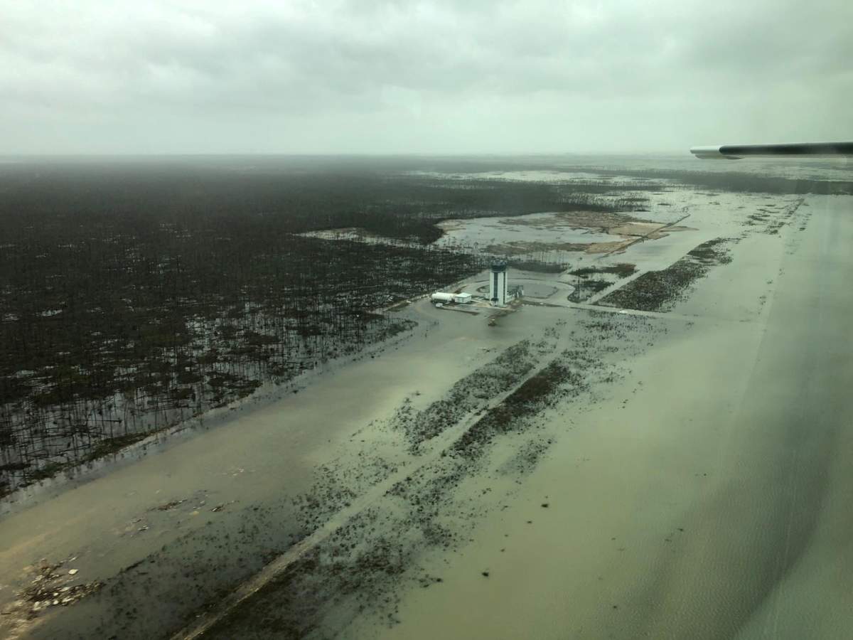 An aerial view shows the Marsh Harbour Airport after hurricane Dorian hit the Abaco Islands in the Bahamas, September 3, 2019. (Michelle Cove/Trans Island Airways/via REUTERS)