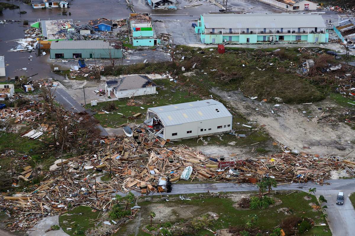 Aerial image of the island Great Abaco shows the devastation caused by hurricane Dorian, Sept. 3, 2019. (UK Ministry of Defence/Handout)