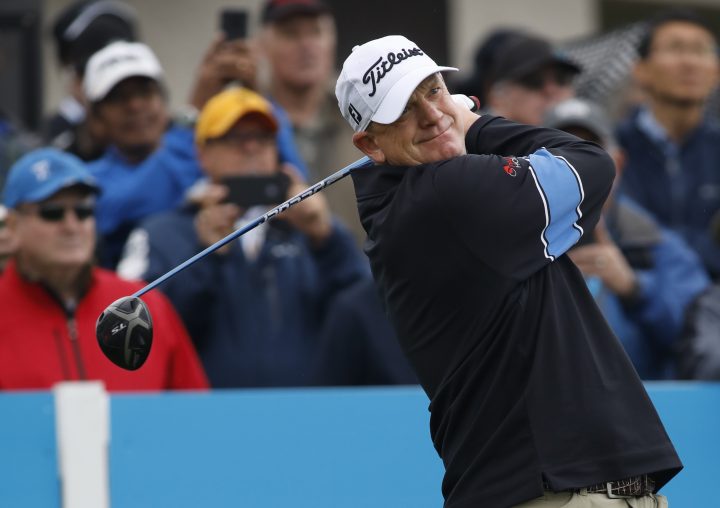 Tom Gillis, of Lake Orion, Mich., tees off during the PGA Tour Champion’s Shaw Charity Classic golf event in Calgary, Alta., Sunday, Sept. 1, 2019.