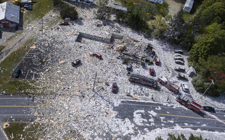 An aerial view of the devastation after an explosion at the Life Enrichment Advancing People (LEAP) building, in Farmington, Maine killed one firefighter and injured multiple other people, on Monday morning Sept. 16, 2019.