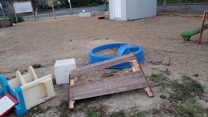 The playground at the YMCA childcare centre at Marion McVeety Elementary School was vandalized over the weekend. Provided / YMCA of Regina