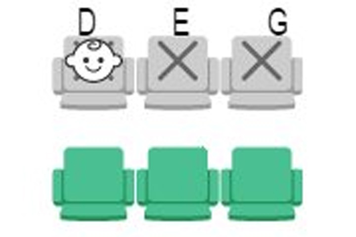 An icon shows where a baby is sitting in this seating map from Japan Airlines.