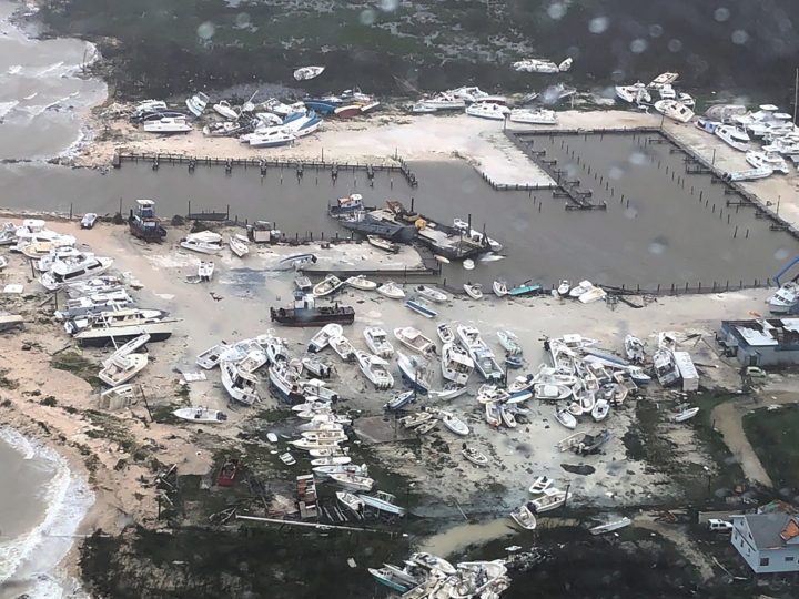 In this Monday, Sept. 2, 2019 photo released by the U.S. Coast Guard Station Clearwater, boats litter the area around marina in the Bahamas after they were tossed around by hurricane Dorian.
