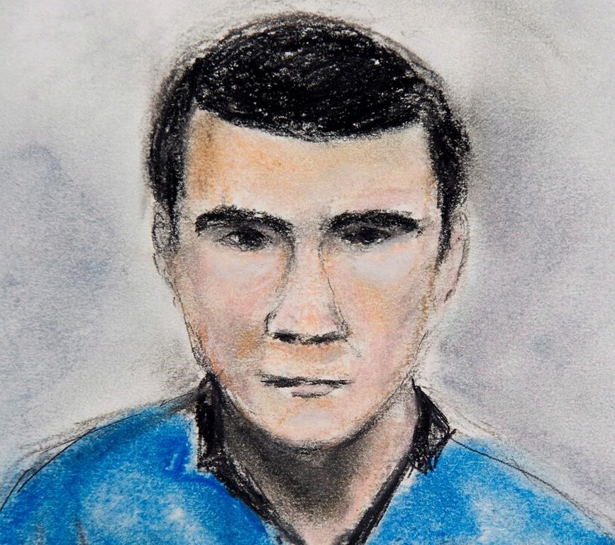 Matthew de Grood appears in a Calgary court on Tuesday April 22, 2014 in this courtroom sketch. 