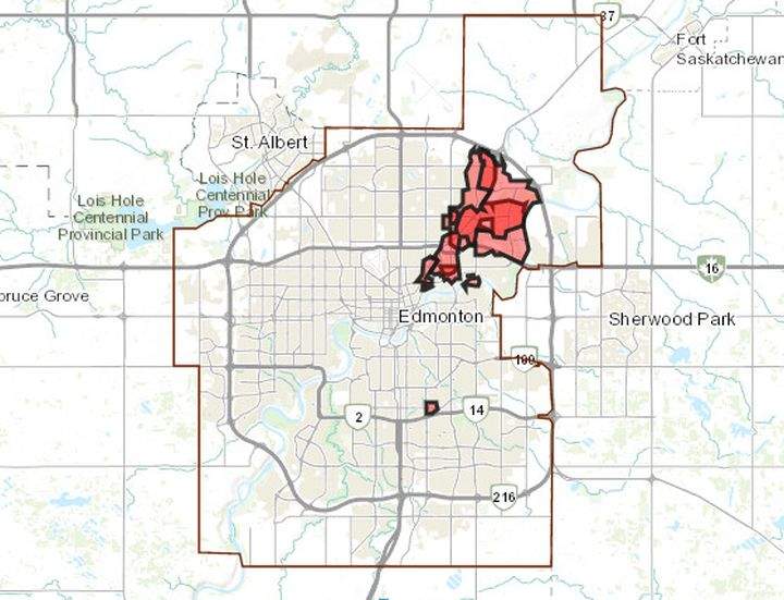 A map of Edmonton with areas in red indicating where there was a power outage on Wednesday night. 