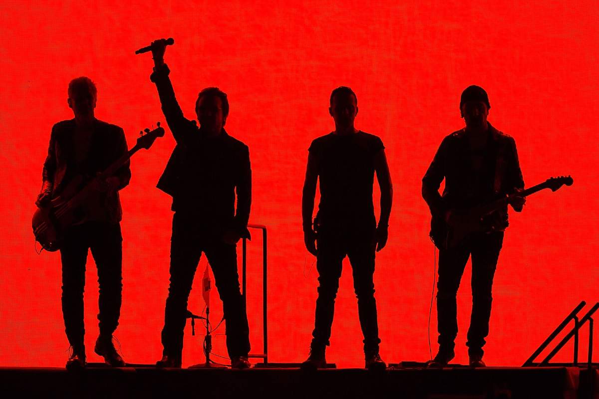 (L-R) Musicians Adam Clayton, Bono, Larry Mullen Jr., and The Edge perform on stage on the final night of U2: The Joshua Tree Tour 2017 at SDCCU Stadium on Sept. 22, 2017 in San Diego, California. (Photo by Daniel Knighton/Getty Images)