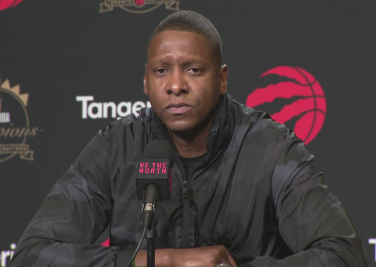 Toronto Raptors president Masai Ujiri speaks to the media on Saturday, Sept. 28, 2019, in Toronto.