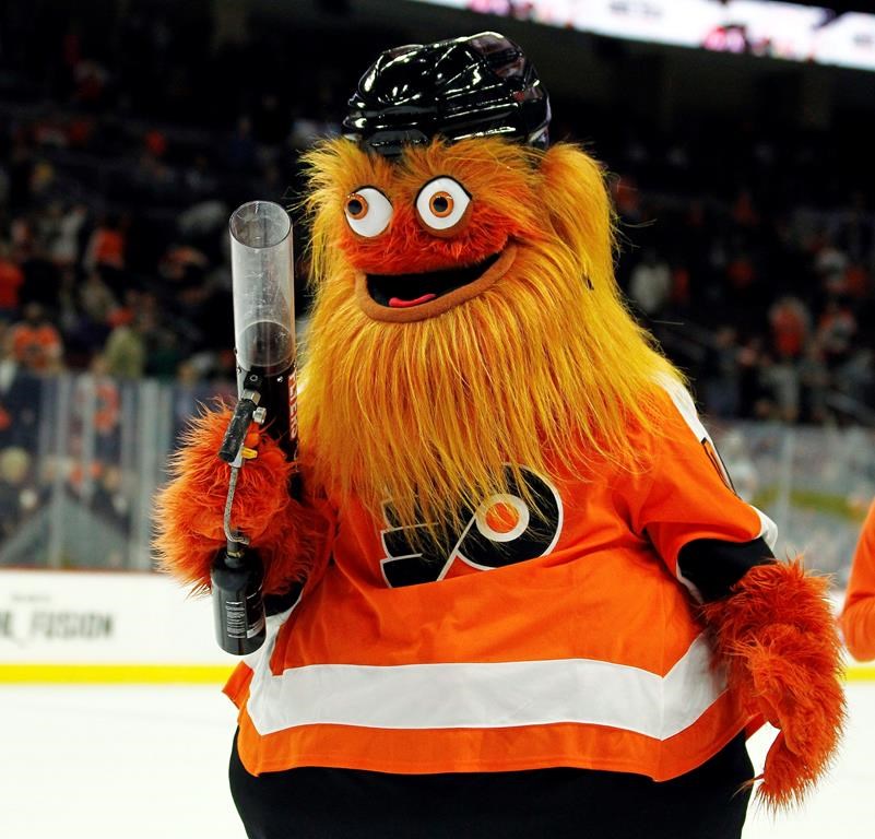 In this Sept. 24, 2018, file photo, the Philadelphia Flyers mascot, Gritty, takes to the ice during the first intermission of the Flyers' preseason NHL hockey game against the Boston Bruins in Philadelphia.