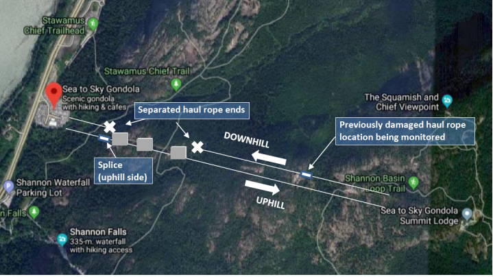 A map showing where the Seat to Sky Gondola’s haul rope was cut.
