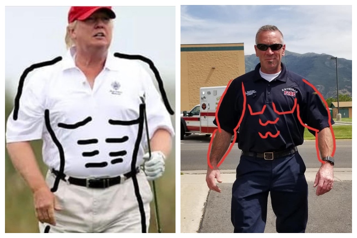 U.S. President Donald Trump, left, is shown in a popular meme alongside a member of the fire department in Kaysville, Utah.