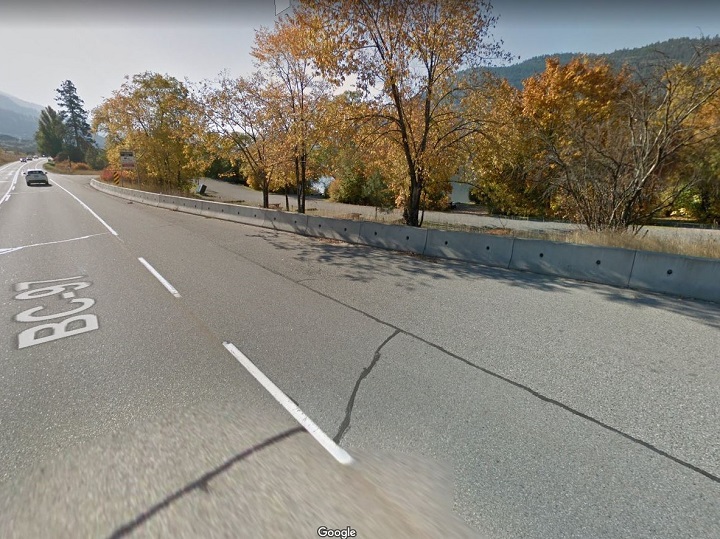 Concrete barriers separate a section of Vaseux Lake Provincial Park and Highway 97.