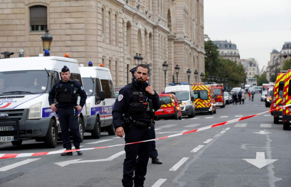 French police secure the area in front of the Paris Police headquarters in Paris, France, October 3, 2019.