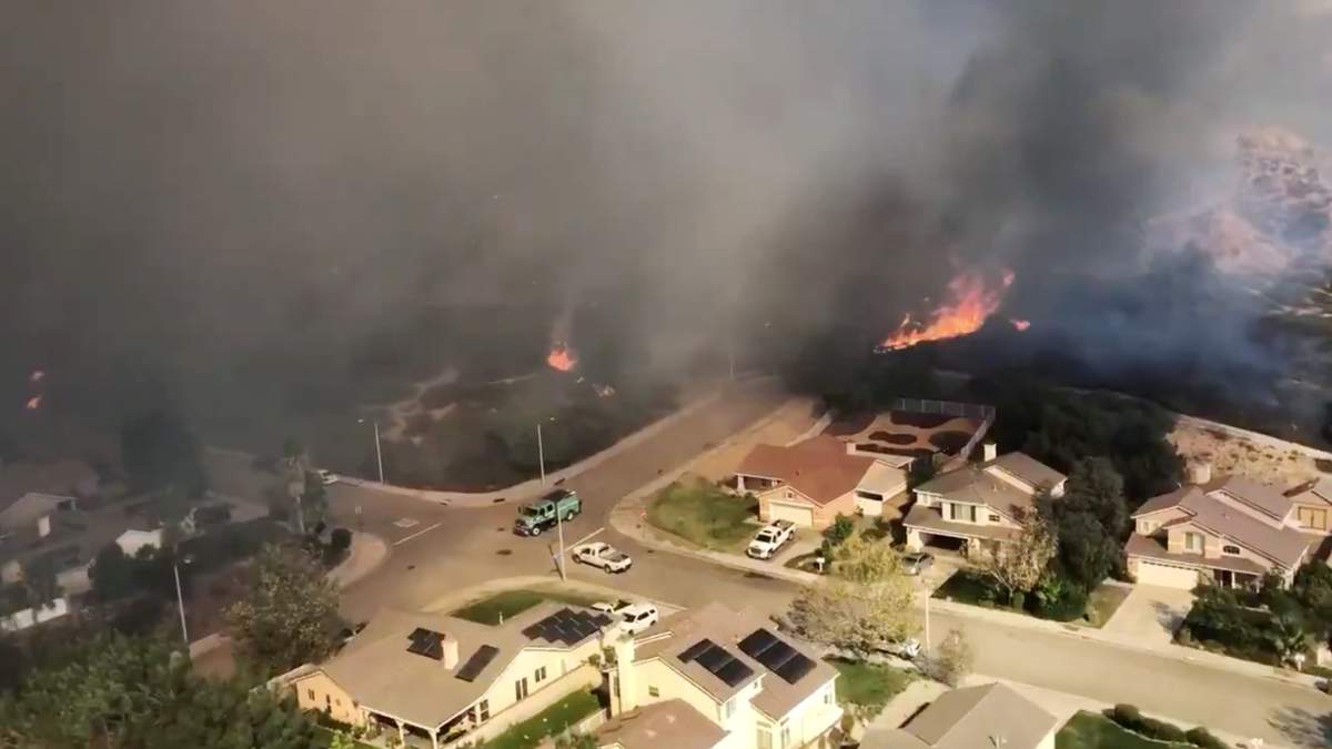 An aerial view of California wildfire is pictured in Los Angeles county, California, U.S., in this screen grab taken October 24, 2019 and obtained by Reuters October 25, 2019.