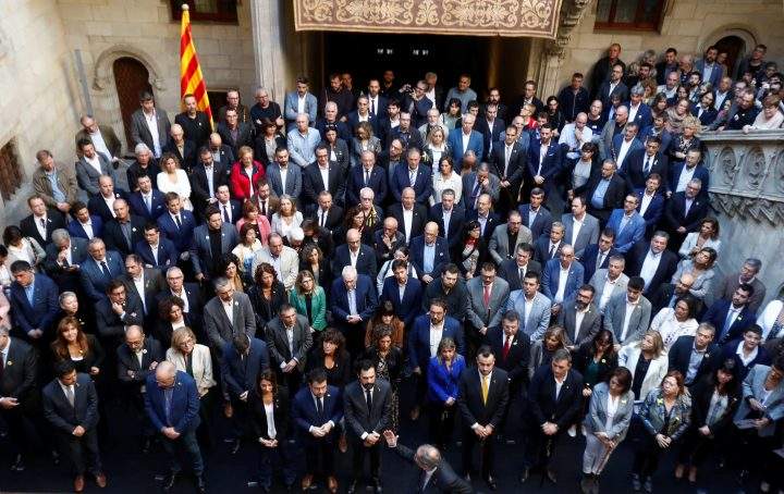 Catalan leader Quim Torra gestures as he meets with mayors of Catalonia region, at the Palau de la Generalitat in Barcelona, Spain October 26, 2019. 