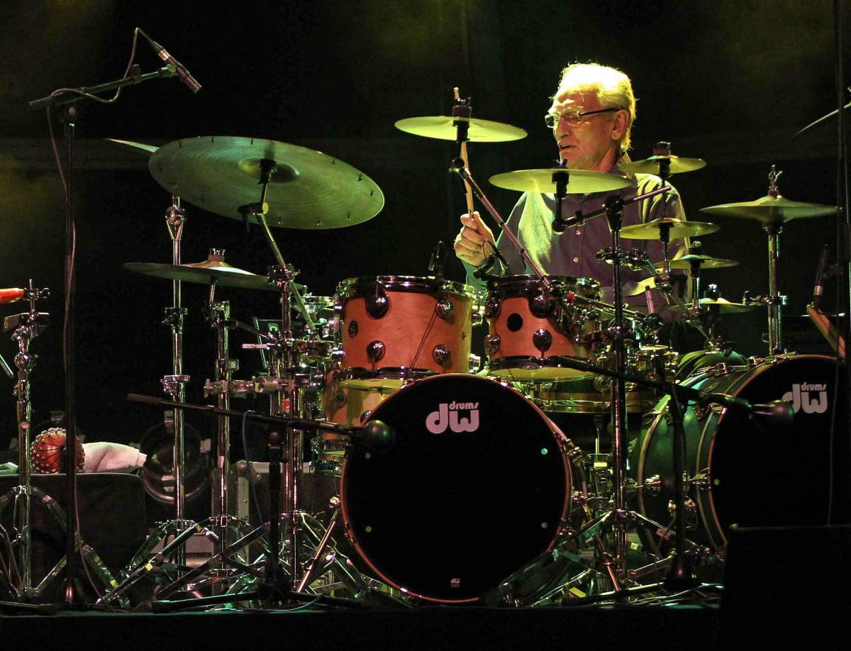 British drummer Ginger Baker with his band Jazz Confusion performs on stage at Cathedral Square in Oviedo as part of their San Mateo Fiestas, Spain, Sept. 19, 2013.