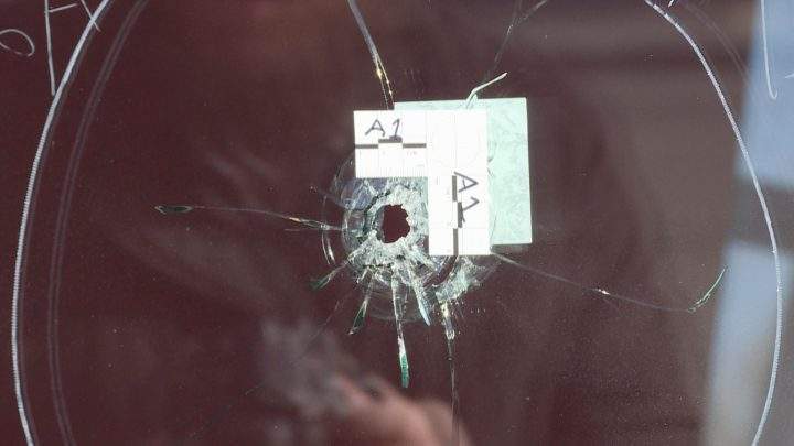 A bullet hole in a window of Mr. Sub after a shooting in southwest Calgary on Saturday, Oct. 12, 2019.