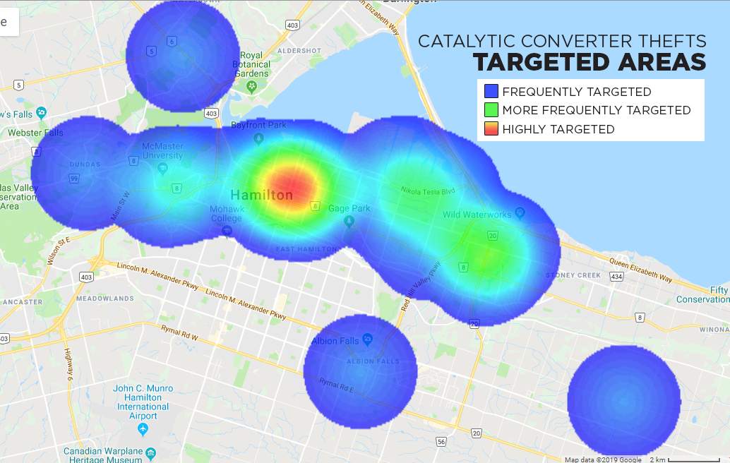 A 2019 Hamilton police rendering identifying areas in the city most likely to be targeted in a catalytic converter theft.