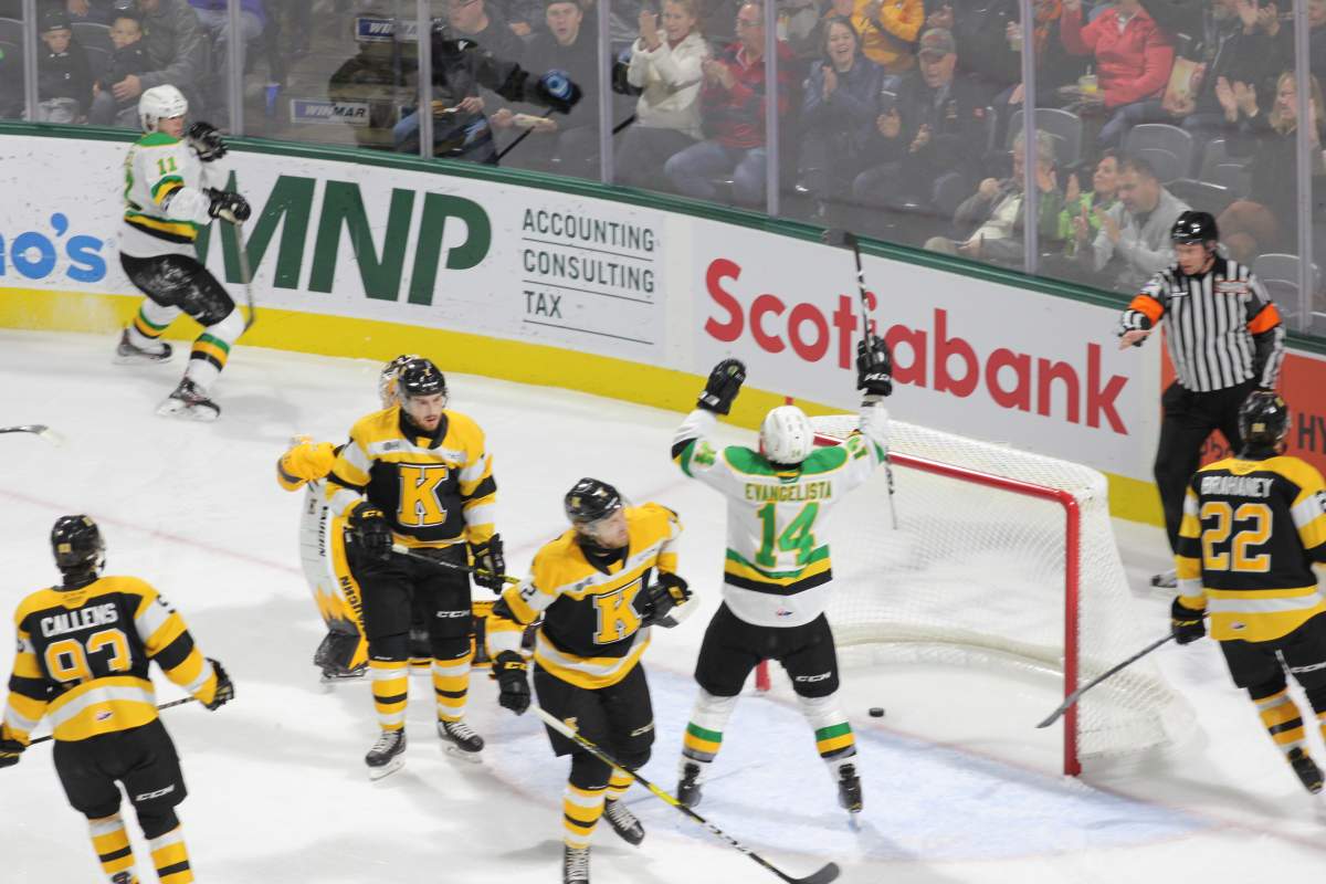 London, Ont. - London Knights forward Luke Evangelista celebrates his first career OHL goal in a game against the Kingston Frontenacs at Budweiser Gardens on October 19, 2019.