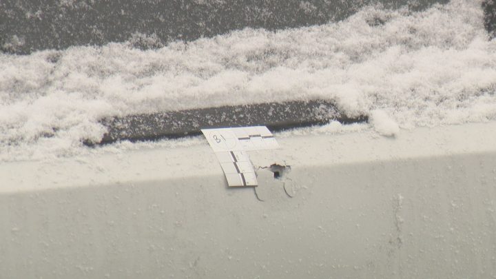 A bullet hole could be seen in a vehicle in northeast Calgary on Saturday, Oct. 26, 2019.