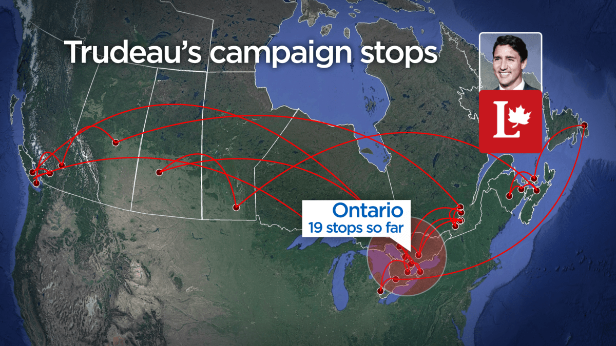 Liberal Leader Justin Trudeau’s campaign stops as of Oct. 2, 2019