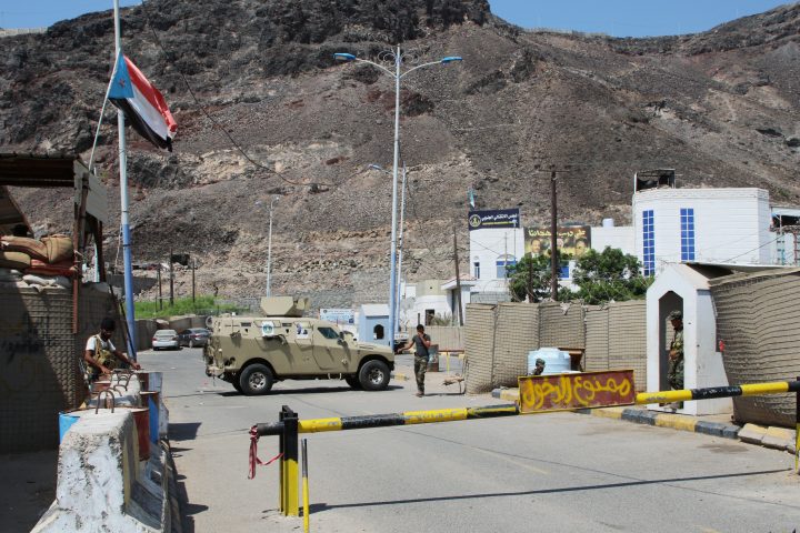 Southern Yemeni separatist fighters stand guard outside the headquarters of the Southern Transitional Council in Aden, Yemen Nov. 5, 2019. 