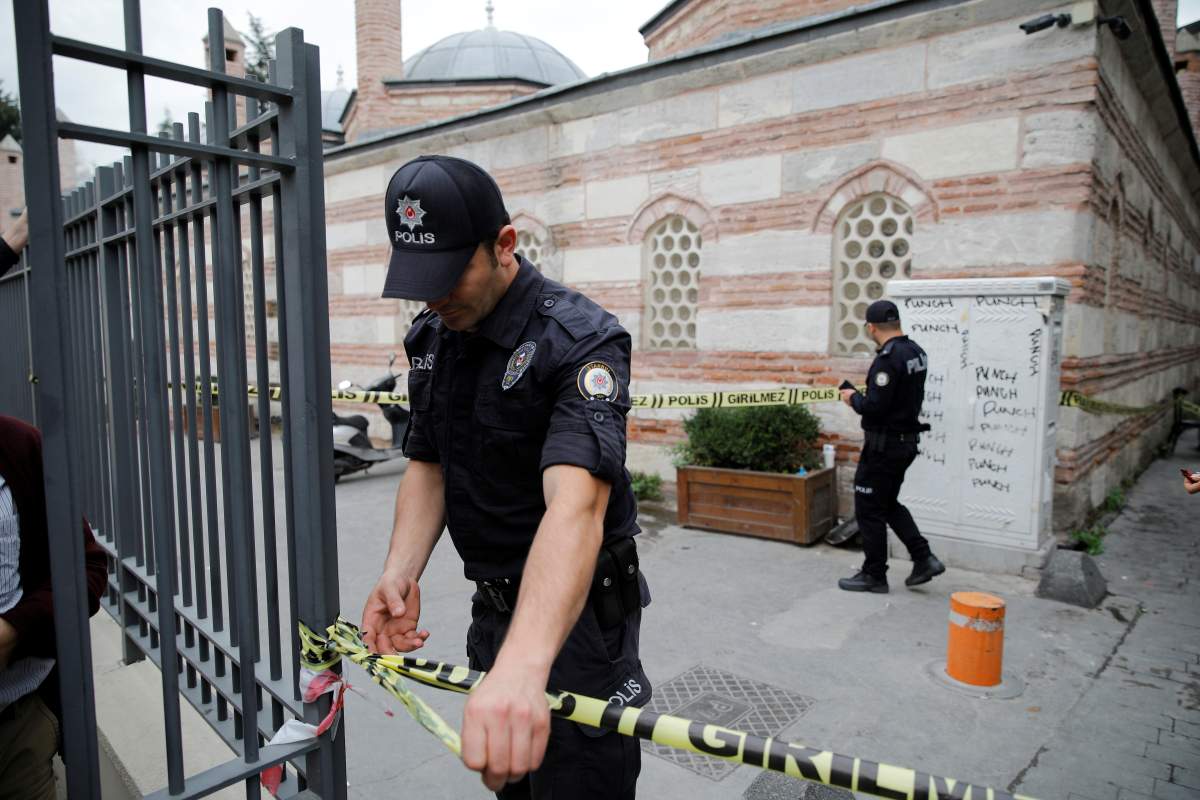 Turkish police officers stand outisde the home office of James Le Mesurier, founder of the Mayday Rescue group, in Istanbul, Turkey, November 11, 2019.