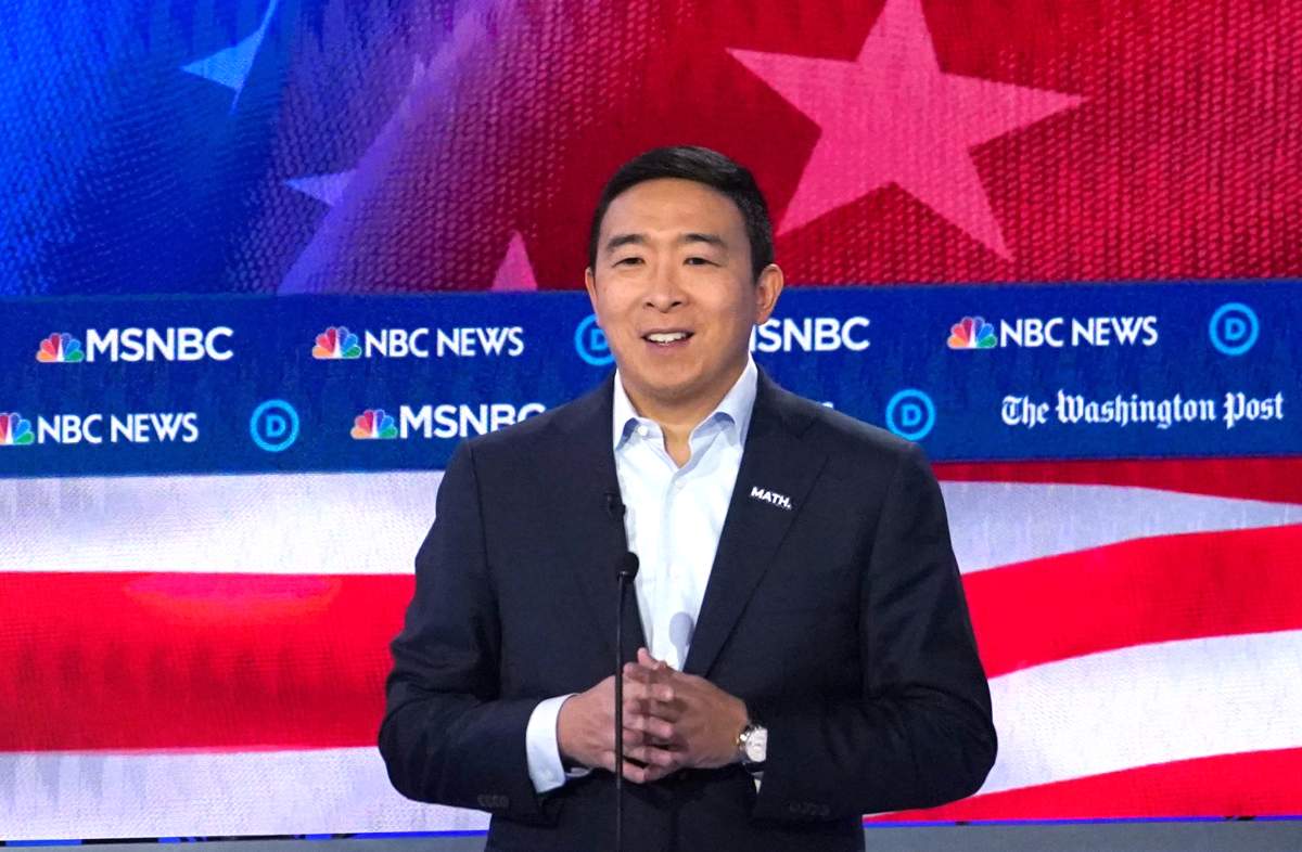 Democratic presidential candidate and entrepreneur Andrew Yang speaks during the U.S. Democratic presidential candidates debate at the Tyler Perry Studios in Atlanta, Georgia, U.S. November 20, 2019.