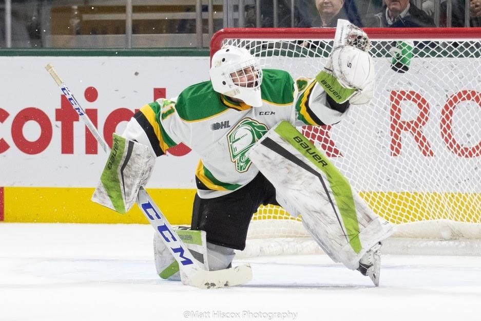 London Knights goaltender Dylan Myskiw makes a save in this undated handout photo.