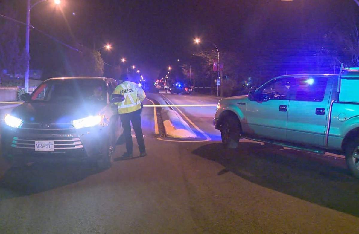 Police at the scene of a fatal crash involving a pedestrian in Delta on Nov. 28, 2019.