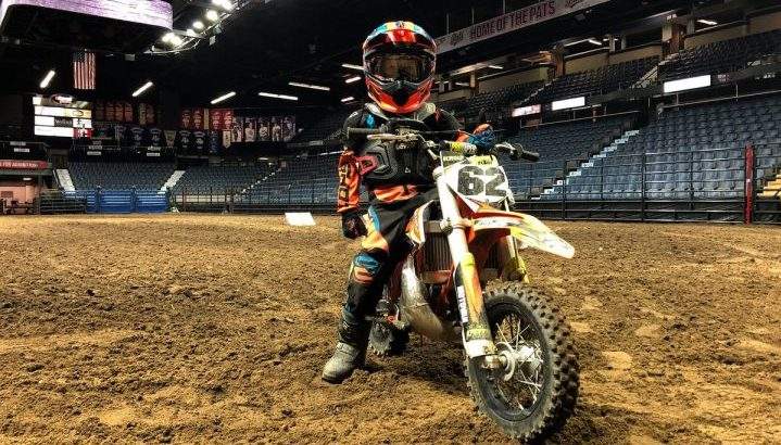Six-year-old Kruz Garwasiuk takes a quick break on his dirt bike at the Brandt Centre on Nov. 26, 2019.