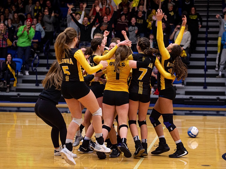 The KSS girls celebrate their championship win on Saturday evening in Langley.