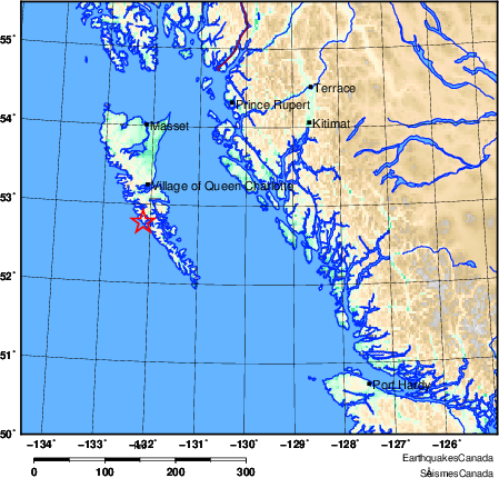 The approximate location of the earthquake according to Earthquakes Canada.