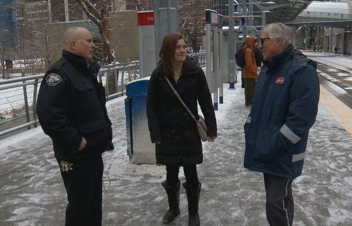 Robyn Hammer talks to Calgary Transit employees Murray McGill (right) and Tracey Ferraton (left) on Tuesday, Nov. 26, 2019.