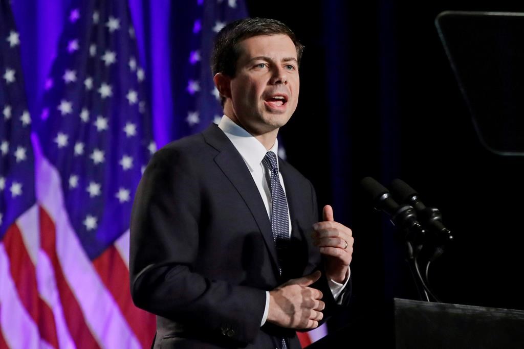 Democratic presidential candidate South Bend, Ind. Mayor Pete Buttigieg delivers a Veterans Day address at a campaign event Monday, Nov. 11, 2019, in Rochester, N.H. (AP Photo/Elise Amendola)
