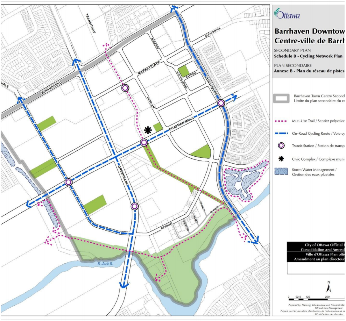 A map of the cycling network plan proposed in the new Barrhaven downtown secondary plan, which was presented to the City of Ottawa’s planning committee on Thursday, Nov. 28, 2019.