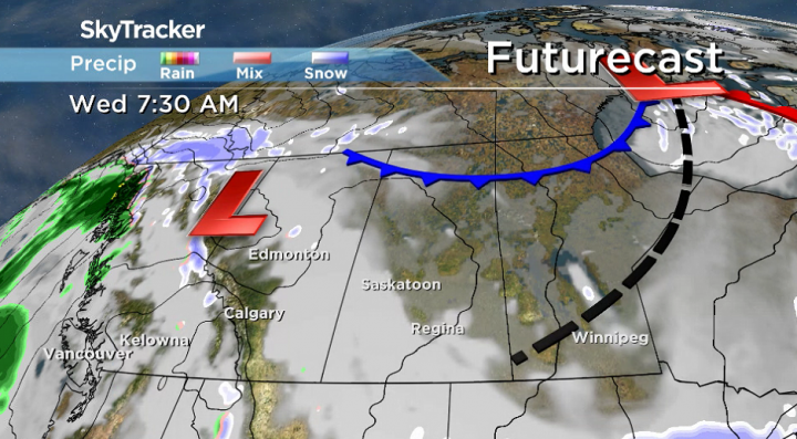 The next system building onto the prairies will bring in more clouds on Wednesday.