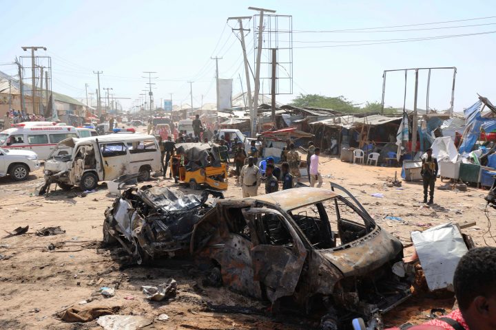 A general view shows the scene of a car bomb explosion at a checkpoint in Mogadishu, Somalia December 28, 2019.