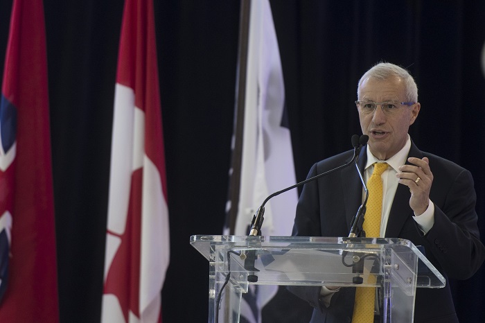 Vic Fedeli, Minister of Economic Development, Job Creation and Trade of Ontario, speaks during a press conference announcing that Bombardier Inc. has secured a long-term lease from the Greater Toronto Airport Authority to build its flagship business jet at Pearson airport, in Mississauga on Wednesday, December 4, 2019. 