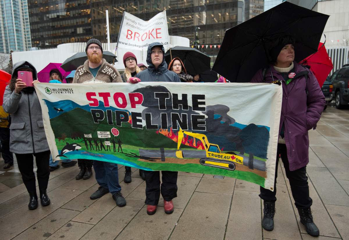 Protesters attend a anti Trans Mountain Pipeline rally in downtown Vancouver, Monday, December, 16, 2019. THE CANADIAN PRESS/Jonathan Hayward