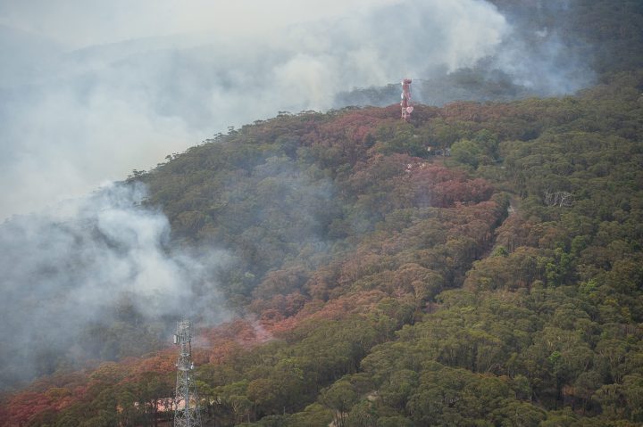An aerial view of lines of fire retardant during a flight over Kurrajong Heights with Australian Prime Minister Scott Morrison (unseen) as he tours bushfire-affected regions of the Blue Mountains, west of Sydney, New South Wales (NSW), Australia, Dec. 21, 2019.