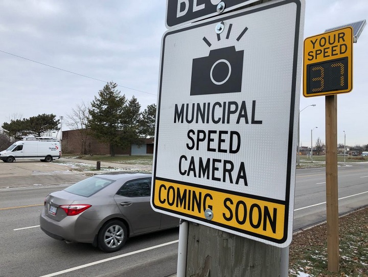 A municipal speed warning sign located at Renforth Drive between Tabard Gate and Lafferty Street in Etobicoke.