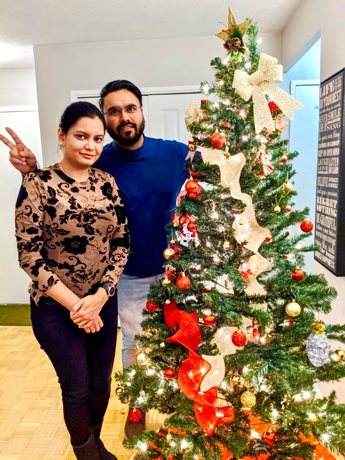 Harmeet Singh and Manpreet Kaur with their Christmas tree. Photo provided by Singh and Kaur.