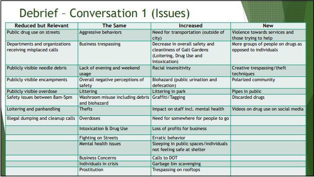 Issues observed in the downtown and surrounding area discussed in the presentation to the Community Issues Committee Monday evening.