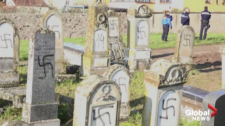 Jewish graves defaced with swastikas and hate symbols at a Jewish cemetery in Westhoffen, France on Dec. 4, 2019.