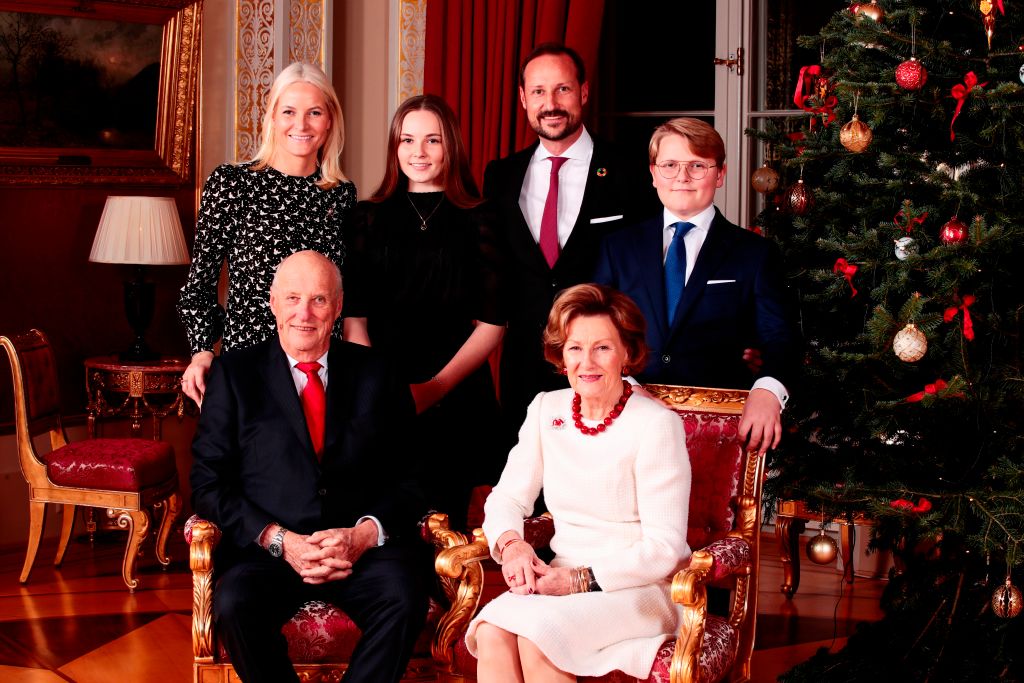 King Harald, Crown Princess Mette-Marit, Princess Ingrid Alexandra, Crown Prince Haakon, Queen Sonja and Prince Sverre Magnus posed for a picture next to the Christmas tree at the Royal Palace in Oslo on Dec. 16, 2019.